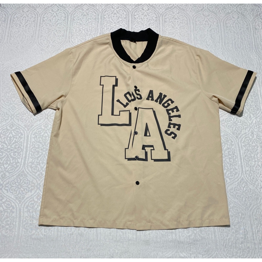 Mens Los Angeles LA Baseball Jersey Tan Beige Short Sleeve Button Up L